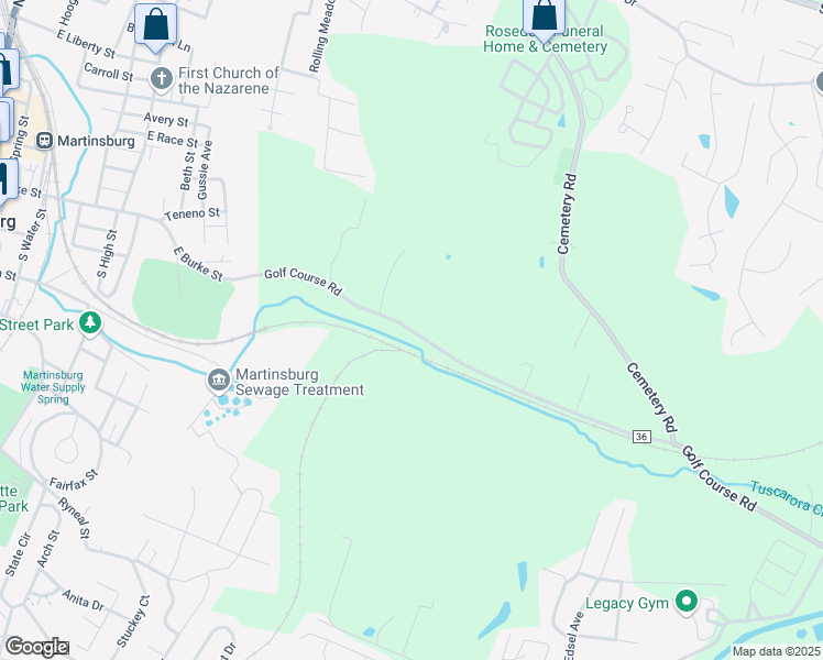 map of restaurants, bars, coffee shops, grocery stores, and more near Golf Course Road in Martinsburg