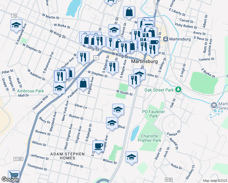 map of restaurants, bars, coffee shops, grocery stores, and more near in Martinsburg
