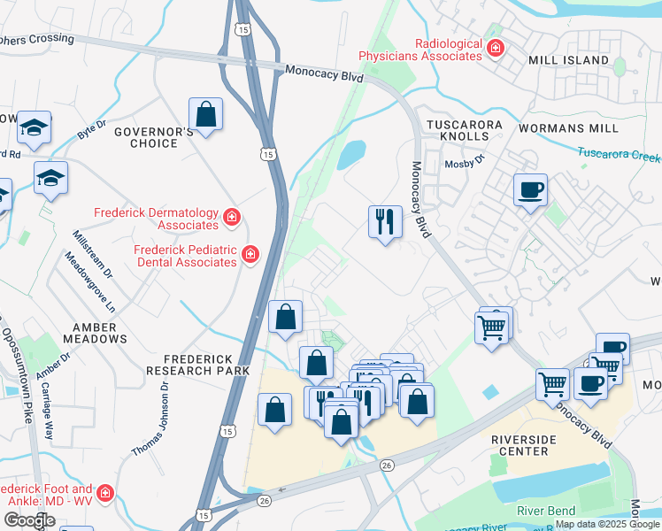 map of restaurants, bars, coffee shops, grocery stores, and more near 322 Spring Bank Way in Frederick