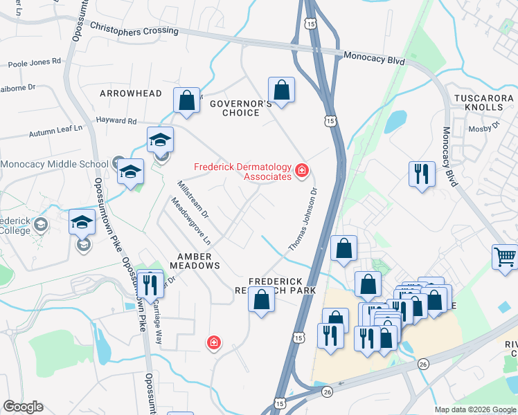 map of restaurants, bars, coffee shops, grocery stores, and more near 1741 Northridge Lane in Frederick
