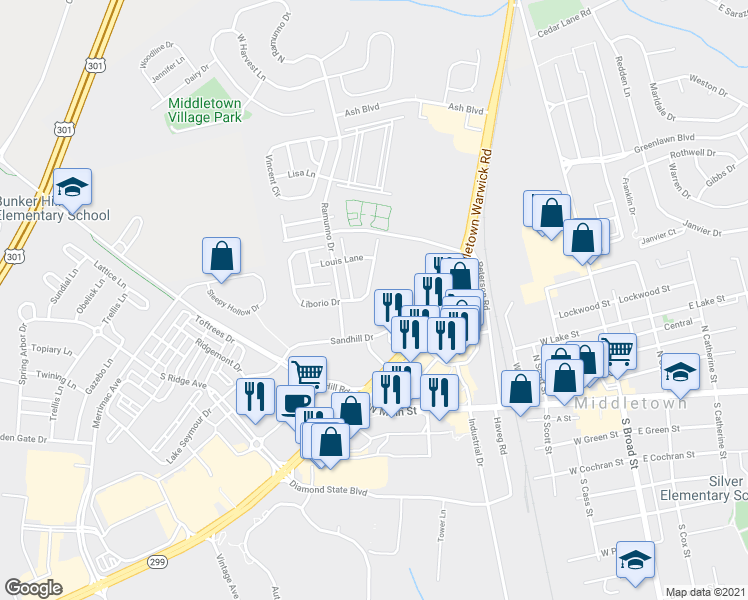 map of restaurants, bars, coffee shops, grocery stores, and more near 276 Liborio Dr in Middletown