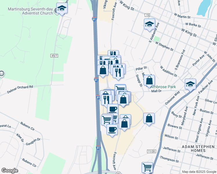 map of restaurants, bars, coffee shops, grocery stores, and more near Foxcroft Avenue in Martinsburg