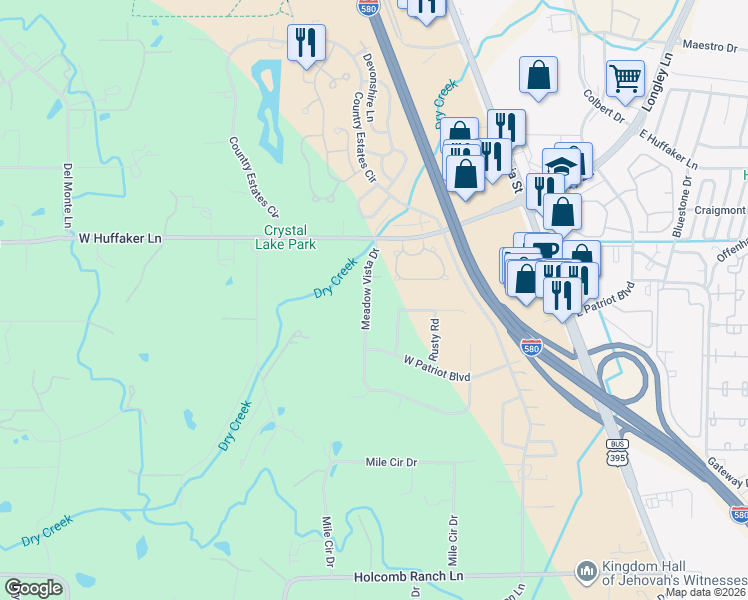 map of restaurants, bars, coffee shops, grocery stores, and more near 7860 Meadow Vista Drive in Reno