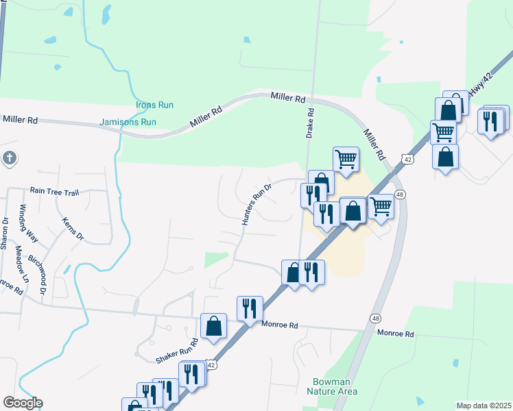 map of restaurants, bars, coffee shops, grocery stores, and more near 1070 Hunters Run Dr in Lebanon
