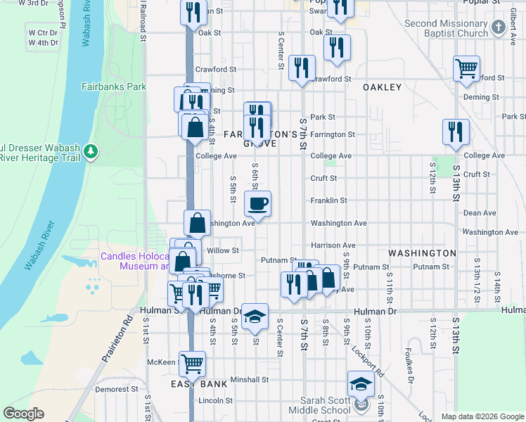 map of restaurants, bars, coffee shops, grocery stores, and more near 1314 South 6th Street in Terre Haute