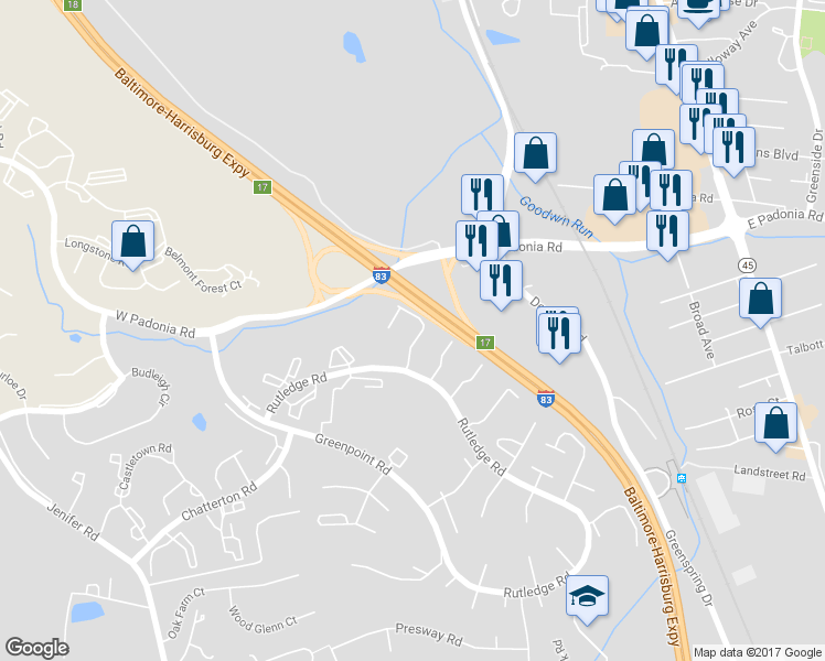 map of restaurants, bars, coffee shops, grocery stores, and more near 24 Castlehill Court in Lutherville-Timonium