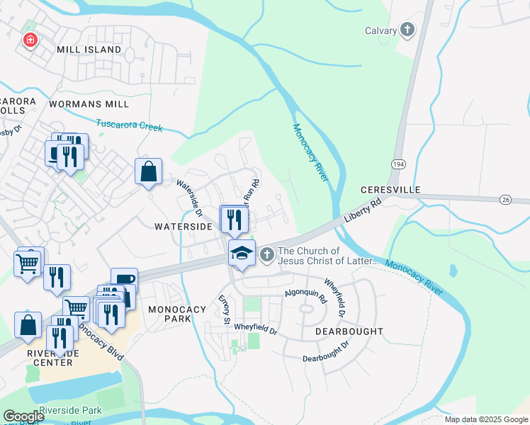 map of restaurants, bars, coffee shops, grocery stores, and more near 8004 Harbor Place in Frederick