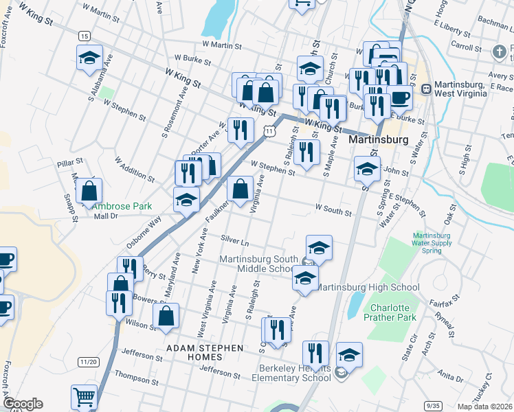 map of restaurants, bars, coffee shops, grocery stores, and more near 516 Virginia Avenue in Martinsburg