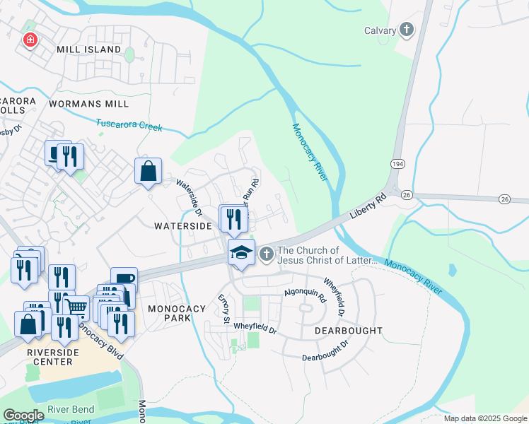 map of restaurants, bars, coffee shops, grocery stores, and more near 8004 Harbor Place in Frederick