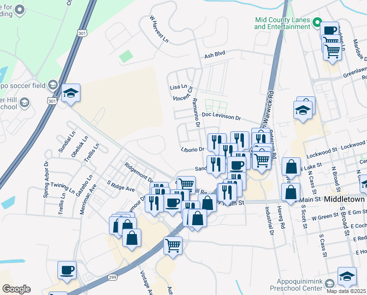 map of restaurants, bars, coffee shops, grocery stores, and more near 191 Liborio Drive in Middletown