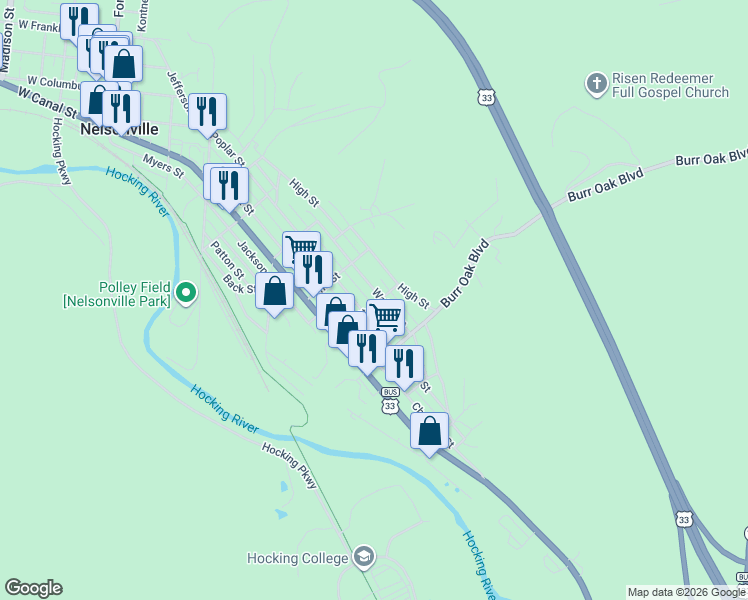 map of restaurants, bars, coffee shops, grocery stores, and more near 841 Walnut Street in Nelsonville