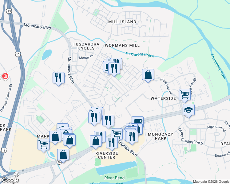 map of restaurants, bars, coffee shops, grocery stores, and more near 2473 Stafford in Frederick