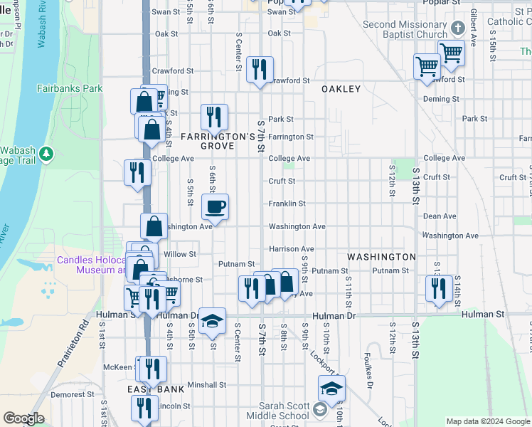 map of restaurants, bars, coffee shops, grocery stores, and more near 1314 South 7th Street in Terre Haute