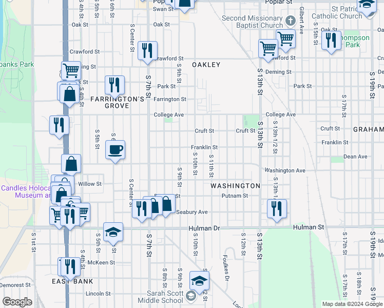 map of restaurants, bars, coffee shops, grocery stores, and more near 1315 South 10th Street in Terre Haute