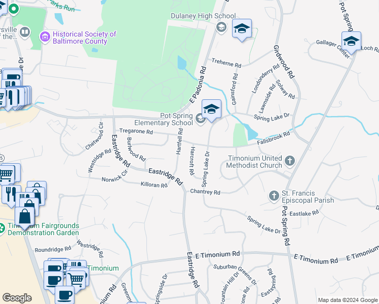 map of restaurants, bars, coffee shops, grocery stores, and more near 2326 Harcroft Road in Lutherville-Timonium