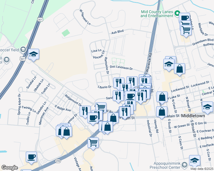 map of restaurants, bars, coffee shops, grocery stores, and more near 227 Liborio Drive in Middletown