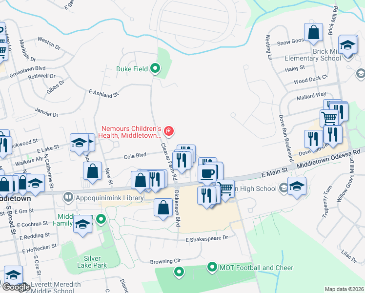 map of restaurants, bars, coffee shops, grocery stores, and more near 141 Bonnybrook Road in Middletown