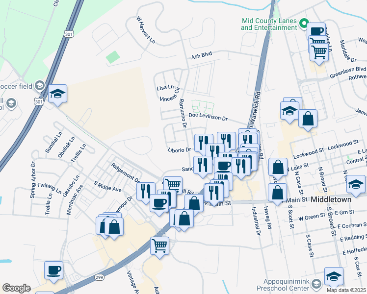 map of restaurants, bars, coffee shops, grocery stores, and more near 227 Liborio Drive in Middletown