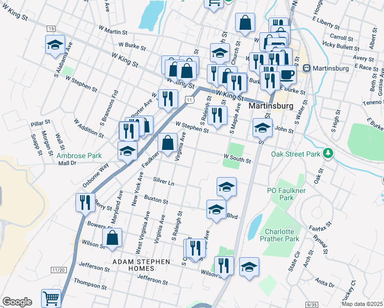 map of restaurants, bars, coffee shops, grocery stores, and more near 511 South Raleigh Street in Martinsburg