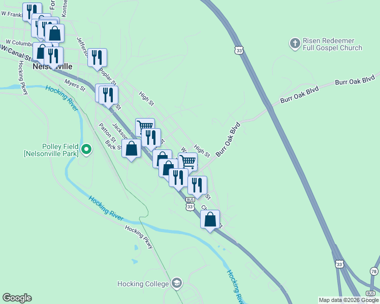 map of restaurants, bars, coffee shops, grocery stores, and more near 893 High Street in Nelsonville