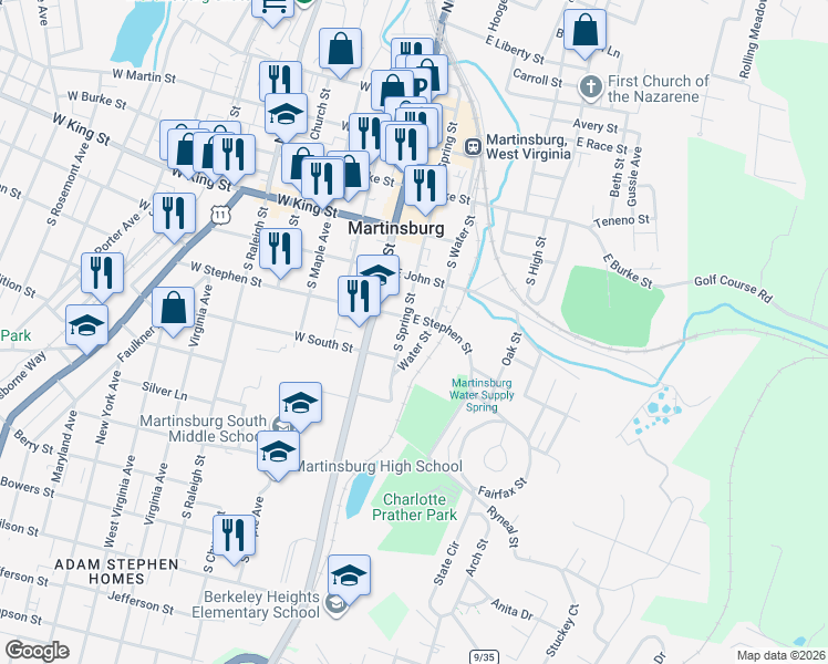 map of restaurants, bars, coffee shops, grocery stores, and more near 200 South Spring Street in Martinsburg