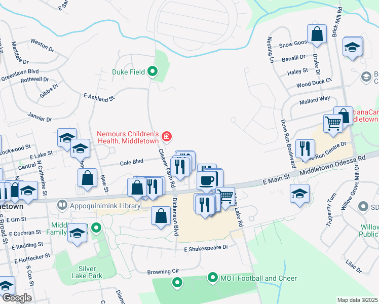 map of restaurants, bars, coffee shops, grocery stores, and more near 163 Bonnybrook Road in Middletown