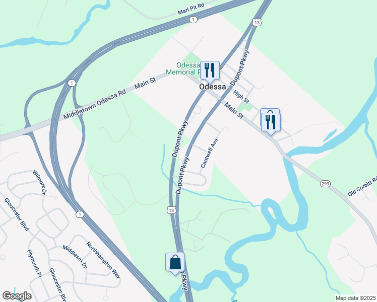 map of restaurants, bars, coffee shops, grocery stores, and more near U.S. 13 in Odessa