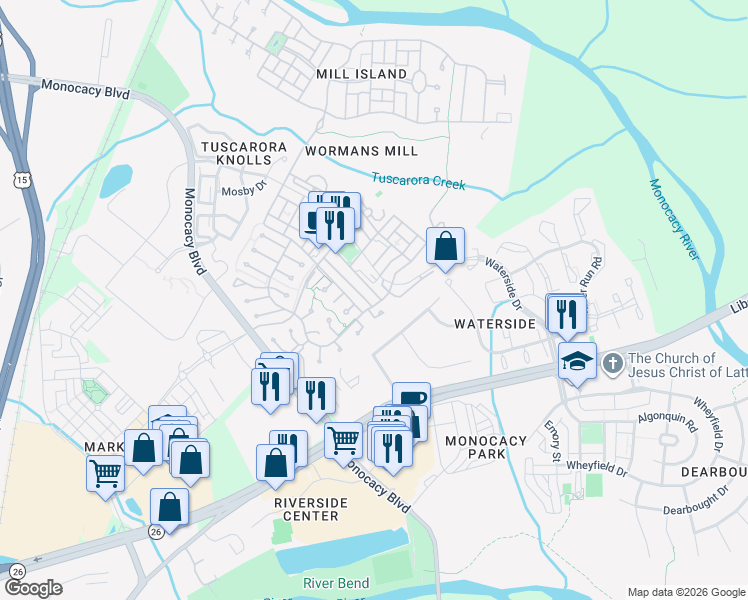 map of restaurants, bars, coffee shops, grocery stores, and more near 2443 Merchant Street in Frederick