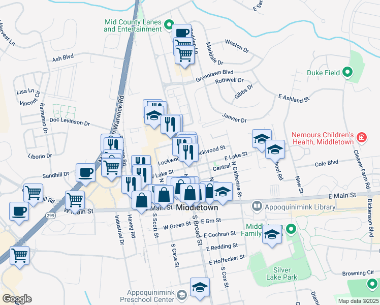 map of restaurants, bars, coffee shops, grocery stores, and more near 7 Lockwood Street in Middletown