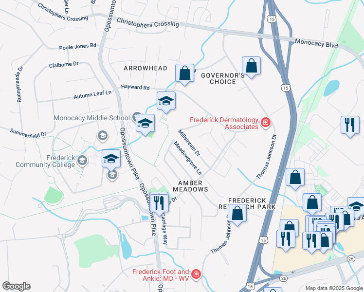 map of restaurants, bars, coffee shops, grocery stores, and more near 1827 Meadowgrove Lane in Frederick