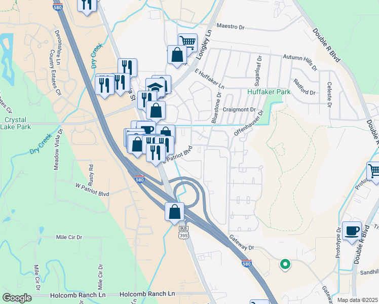 map of restaurants, bars, coffee shops, grocery stores, and more near 530 East Patriot Boulevard in Reno