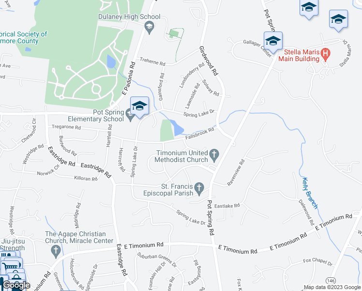 map of restaurants, bars, coffee shops, grocery stores, and more near 2316 Wuthering Road in Lutherville-Timonium