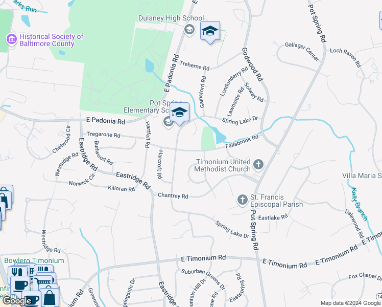 map of restaurants, bars, coffee shops, grocery stores, and more near 219 Fallsbrook Road in Lutherville-Timonium