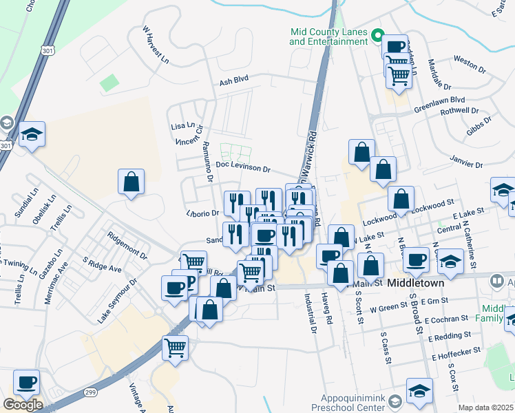 map of restaurants, bars, coffee shops, grocery stores, and more near 465 Middletown Warwick Road in Middletown