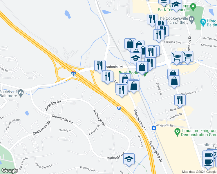 map of restaurants, bars, coffee shops, grocery stores, and more near 9601 Deereco Road in Lutherville-Timonium