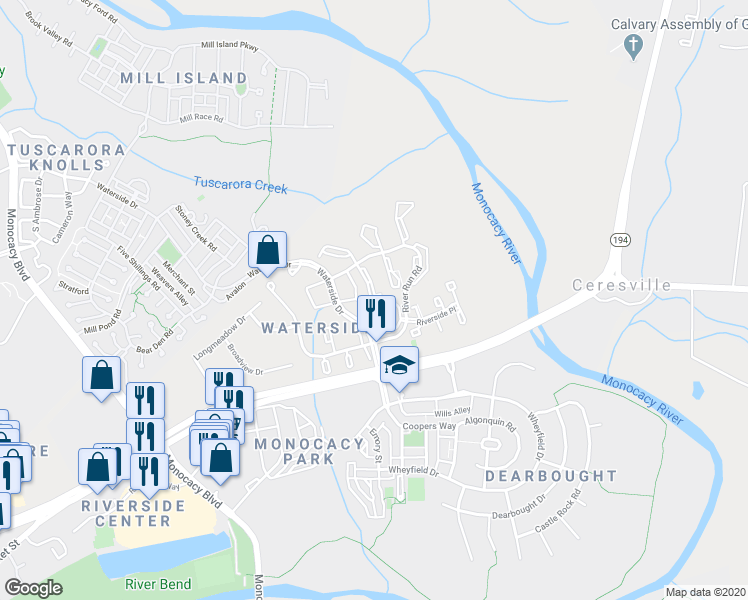 map of restaurants, bars, coffee shops, grocery stores, and more near 8033 Hollow Reed Court in Frederick