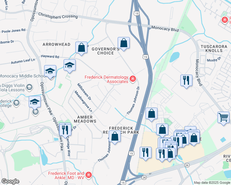 map of restaurants, bars, coffee shops, grocery stores, and more near 1744 Springfield Lane in Frederick