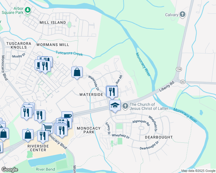 map of restaurants, bars, coffee shops, grocery stores, and more near 8033 Hollow Reed Court in Frederick