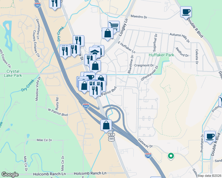 map of restaurants, bars, coffee shops, grocery stores, and more near 530 East Patriot Boulevard in Reno