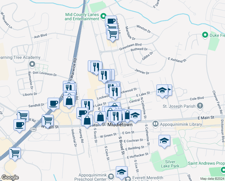 map of restaurants, bars, coffee shops, grocery stores, and more near 7 Lockwood Street in Middletown