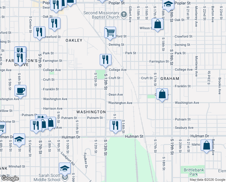 map of restaurants, bars, coffee shops, grocery stores, and more near 1334-1398 Dean Avenue in Terre Haute