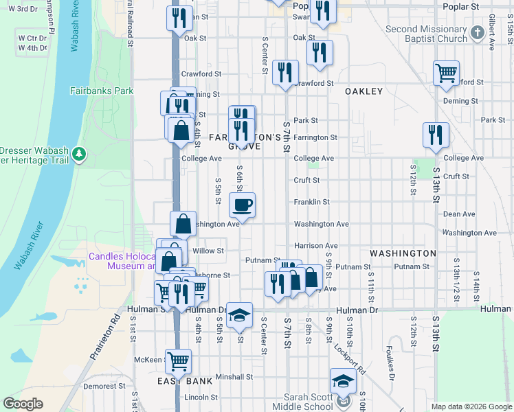 map of restaurants, bars, coffee shops, grocery stores, and more near 1314 South 6th Street in Terre Haute