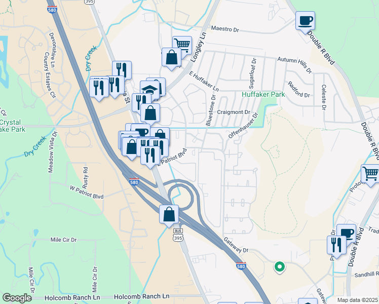 map of restaurants, bars, coffee shops, grocery stores, and more near 530 East Patriot Boulevard in Reno