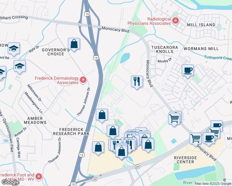 map of restaurants, bars, coffee shops, grocery stores, and more near Spring Bank Way in Frederick