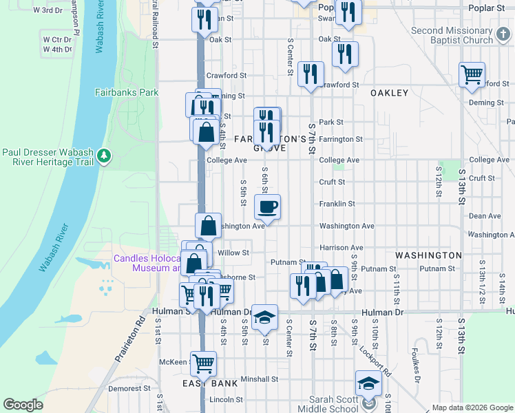 map of restaurants, bars, coffee shops, grocery stores, and more near 1309 South 6th Street in Terre Haute