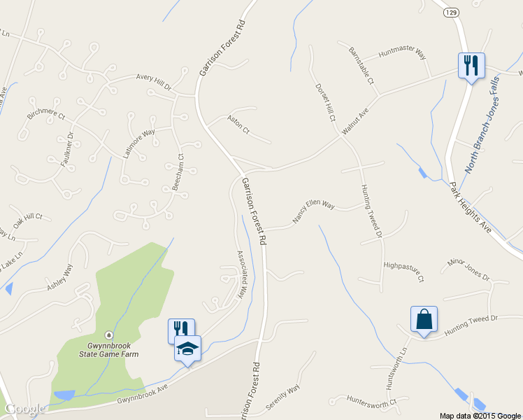 map of restaurants, bars, coffee shops, grocery stores, and more near 12003 Garrison Forest Road in Owings Mills