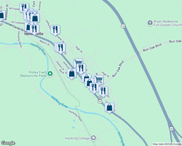 map of restaurants, bars, coffee shops, grocery stores, and more near 841 Walnut Street in Nelsonville