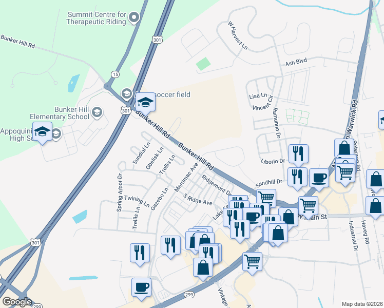map of restaurants, bars, coffee shops, grocery stores, and more near 1004 Bunker Hill Road in Middletown