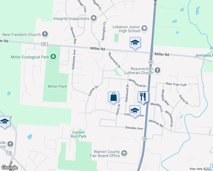 map of restaurants, bars, coffee shops, grocery stores, and more near 926 Fairwinds Court in Lebanon