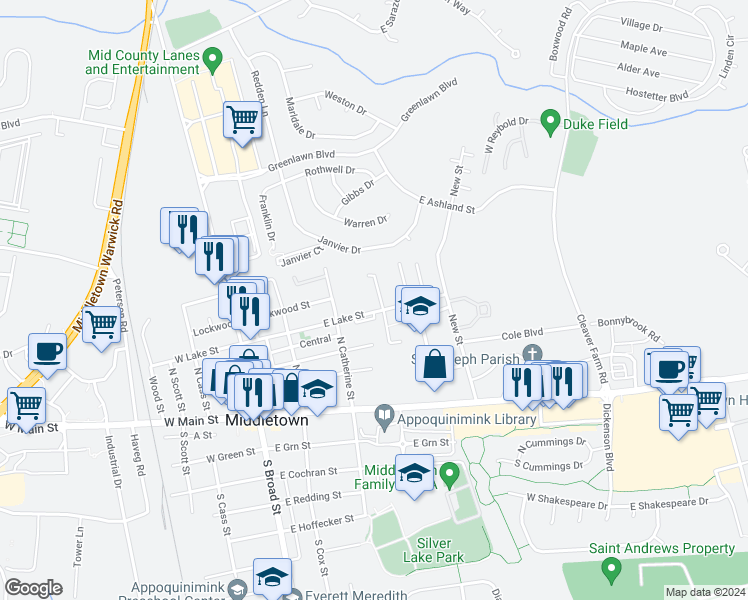 map of restaurants, bars, coffee shops, grocery stores, and more near 310 Caribou Lane in Middletown